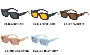Five assorted rectangular sunglasses in black, yellow, tortoise, pink, and blue colors