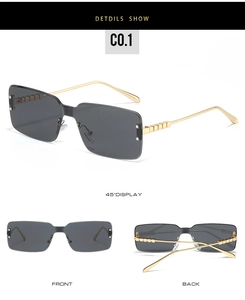 Three-angle views of rimless square sunglasses with grey lenses and gold metal temples