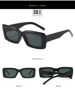 Detailed views of square black oversized sunglasses with thick frames and dark lenses