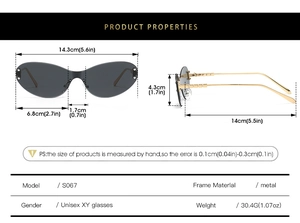 Detailed size specifications for cat-eye sunglasses with metal temples and measurements