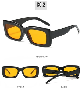 Three-angle view of square oversized sunglasses featuring black frames and orange lenses