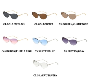 Detailed grid of seven stylish cat-eye sunglasses with gradient lenses and metal temples