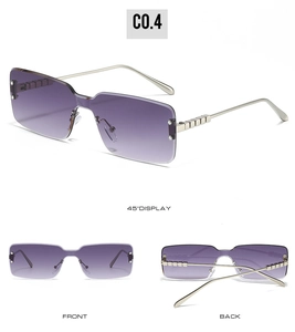 Frameless square sunglasses with purple gradient lenses and silver metal temple details