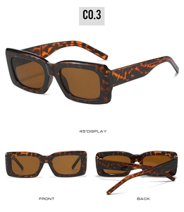 Three-angle display of square tortoiseshell sunglasses with brown lenses and a retro design