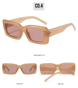 Three-angle view of retro square sunglasses in translucent light brown with pink lenses