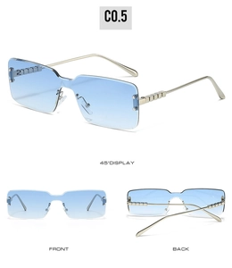 Detailed views of rimless square sunglasses with light blue gradient lenses and gold temples