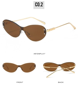Detailed views of cat eye sunglasses with brown lenses and golden square wire temples