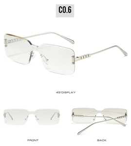 Three-way view of rimless square sunglasses with silver metal temples and clear lenses