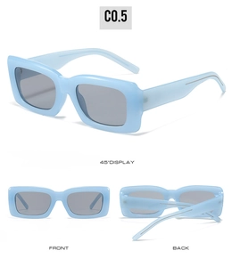 Three-angle display of square sunglasses with light blue frames and gray lenses