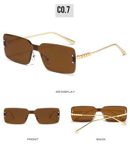 Detailed views of rimless square sunglasses with brown lenses and golden geometric temples