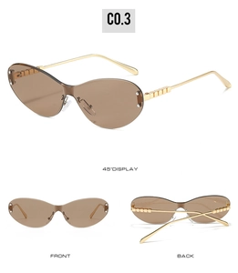 Three-angle views of cat eye sunglasses showing brown lenses and gold side block details