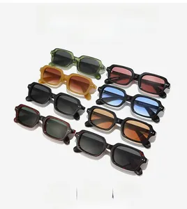 Detailed grid showing 8 colors of rectangular sunglasses with thick frames and rivets