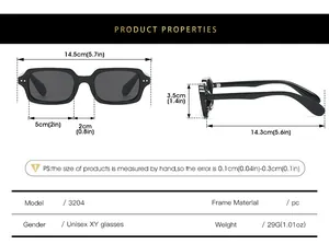 Detailed size chart of small square rivet sunglasses with precise frame measurements