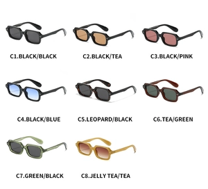Detail view of stylish square rivet sunglasses in eight vibrant color options