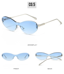 Detail of blue gradient cat-eye sunglasses with unique silver metal temples and stepped design
