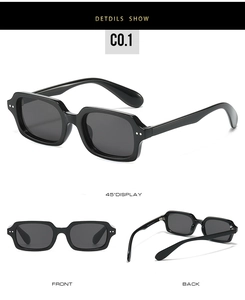 Close-up of black rectangle sunglasses with silver rivets showing front and side views