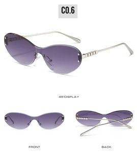 Detailed views of purple cat-eye sunglasses with unique silver block design on temples