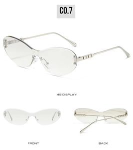 Multiple views of cat eye sunglasses featuring rimless lenses and silver metal temples
