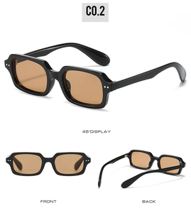 Retro square sunglasses with rivets in multiple views showing front, back, and 45-degree angle