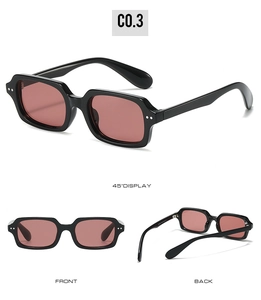 Detailed multi-angle views of vintage black square sunglasses with silver rivet accents