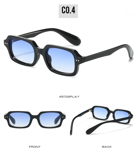 Detail view of square black frames with blue gradient lenses and rivet accents