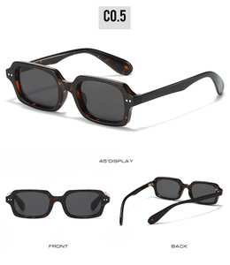 Three views of tortoise shell rectangle sunglasses with rivet details and dark lenses
