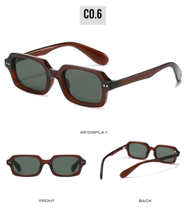 Three-view display of vintage rectangular sunglasses with rivet details and UV400 lenses