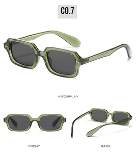 Three-angle view of vintage green square frame sunglasses with rivet details and UV protection
