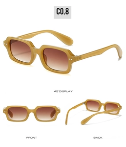 Detail views of yellow square sunglasses with gradient lenses and rivet metal accents