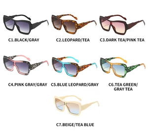 Detailed grid of oversized square sunglasses showing seven stylish color options