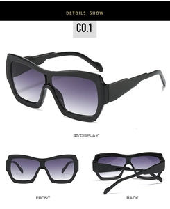 Three-angle view of oversized square sunglasses with black frames and gradient purple lenses