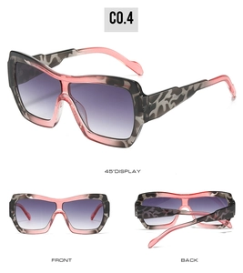 Detailed views of marble pink square sunglasses with gradient purple lenses