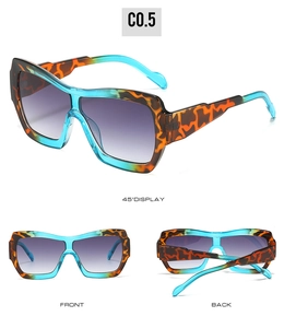 Three-angle view of oversized square sunglasses with blue-green and tortoise frames
