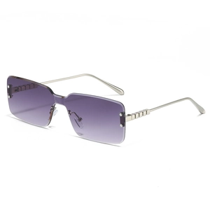 Frameless square sunglasses with purple gradient lenses and silver metal chain temples
