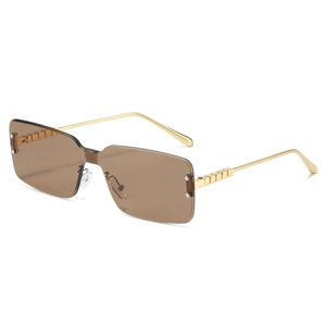 Frameless square brown sunglasses with gold metal chain temple design for women