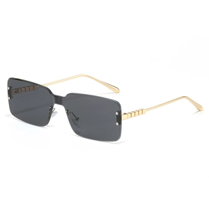 Frameless rectangular sunglasses with grey lenses and gold metal stepped temples