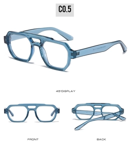 Display a tre viste di montature aviator blu trasparente con aste testurizzate e doppio ponte