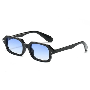 Fashionable square black sunglasses with blue gradient lenses and silver rivet details
