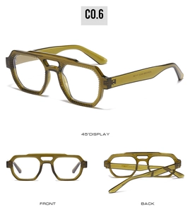Tre viste di montatura aviator verde oliva trasparente con doppio ponte e texture