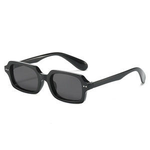 Retro black square frame sunglasses with silver rivet accents and dark grey lenses