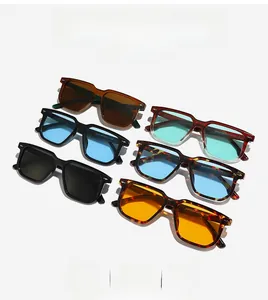 Close-up of square sunglasses with metal hinge detail in various frame and lens colors