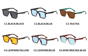 Collage showing various frame colors and tinted lenses for square fashion sunglasses