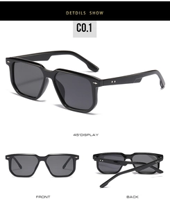 Three-view display of black square sunglasses with silver arrow rivets and dark lenses