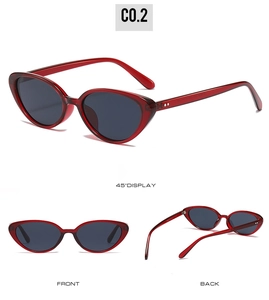 Three-angle view of red cat eye sunglasses with grey lenses and C0.2 model identification