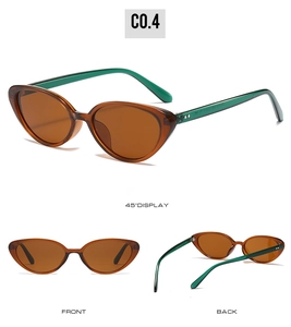Detailed view of cat eye sunglasses with amber frames and green temples from multiple angles