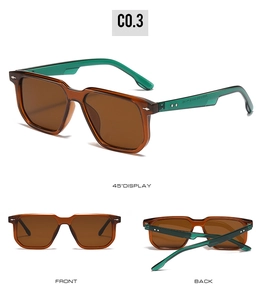 Detail of square sunglasses with brown frame and contrasting green translucent temples