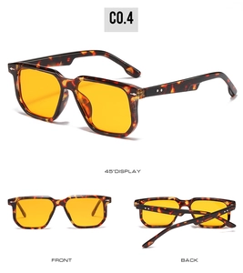 Detail shots of square tortoise shell sunglasses with yellow lenses and metal rivets