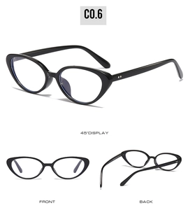 Three-way view of black cat-eye sunglasses showing front, back, and 45-degree angle