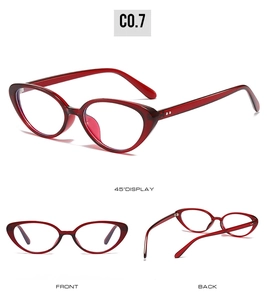 Three-way view of red cat-eye sunglasses frames showing front, back, and 45-degree angle