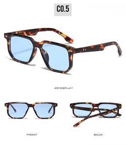 Three views of square tortoise sunglasses with blue lenses and metal rivet details